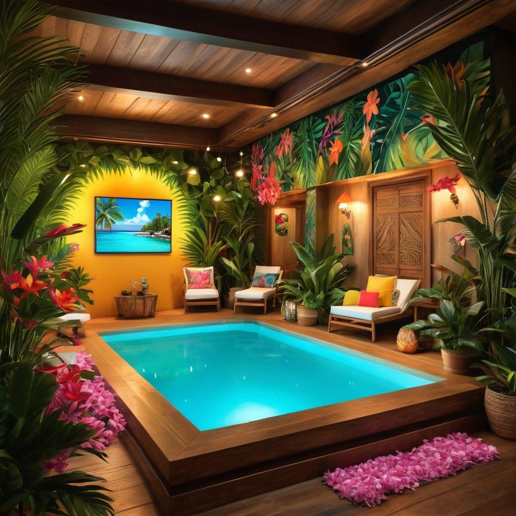 A vibrant and inviting scene featuring a stylish, modern virtual cam show setup with a charismatic host in fashionable swimwear, surrounded by bright tropical decor, and engaging viewers through an interactive screen showcasing live chats and emojis. The atmosphere should radiate excitement and allure, with playful lighting elements emphasizing the energy of adult entertainment. super-realistic. vibrant colors. tropical theme.